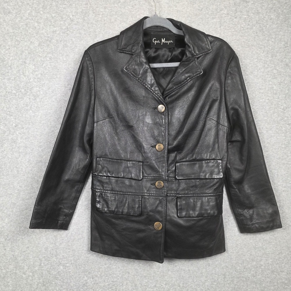 Vintage Gus Mayer Blazer Womens 12 Black Leather Button Front Pockets Lined‎